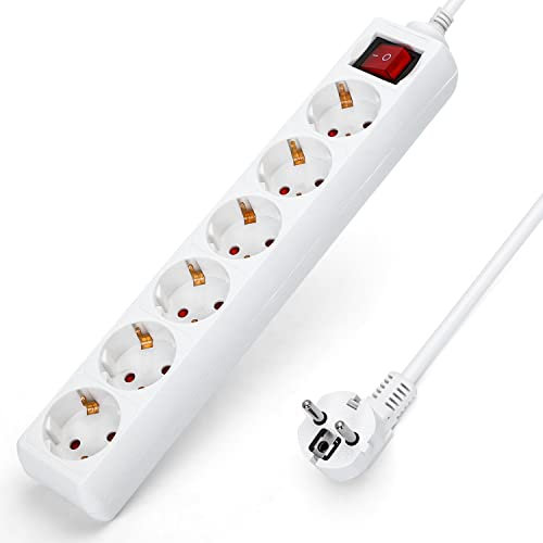 Aigostar Regleta alargador de 6 enchufes con cable de 5 metros e interruptor. Color Blanco