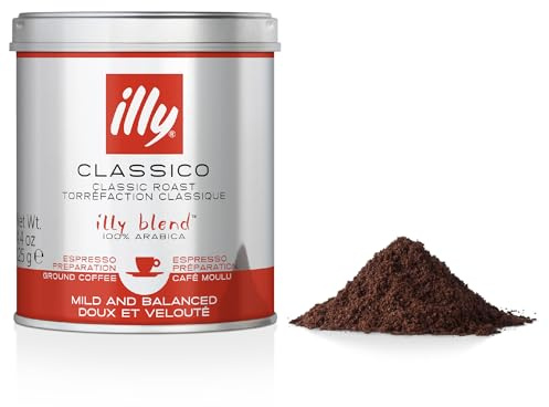 illy Classico Ground Coffee, Medium Roast, 100% Arabica, Finely Ground for Espresso Machines, Suitable for Moka Pot & Stovetop Coffee Makers, 125g Tin