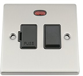 Fused Switch with Neon - Satin Matt Chrome - Square - Black Insert Plastic Switch - 13 Amp Switched Fused Spur Unit