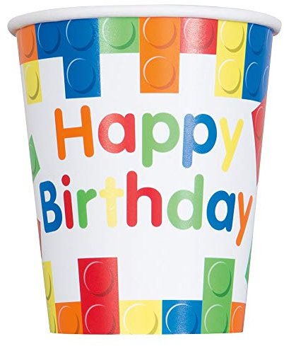 Unique Party Supplies 58236 Papierbecher - 266 ml - Bausteine Geburtstagsfeier - Packung mit 8 Stück