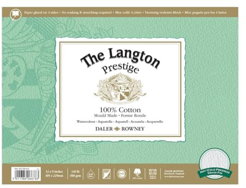 Daler-Rowney The Langton Prestige Watercolour Paper, Cold Pressed, 300 gsm, 140lb, Pad, Glued 4 Sides, 12 x 9in - 30.5 x 22.9 cm, Natural White, 12 Sheets