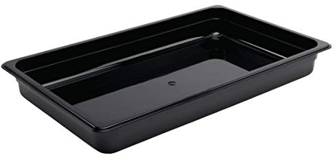 Vogue Black Polycarbonate - GN 1/1 65mm | Shatterproof kitchen storage solution resists chipping and cracking, optimizing food safety in busy commercial setups.