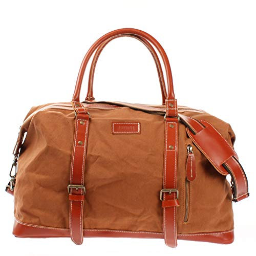 LECONI Weekender groß Canvas + Echt-Leder Retro Reisetasche Unisex Damen + Herren Sporttasche Reise Handgepäck 60x38x25cm Cognac LE2010-C