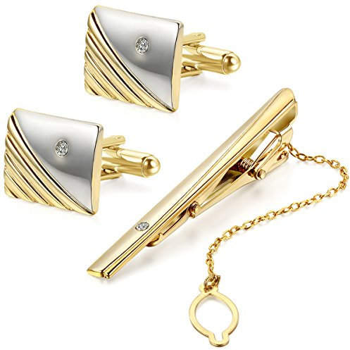 JewelryWe Legierung Krawattenklammer Krawattennadel & Manschettenknöpfe Set Gold Silber Streifen Gestreift Hemd Business Hochzeit Wedding Polished Herren