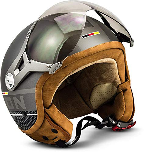 Soxon® SP-325 Plus „Titanium“ · Jet-Helm · Motorrad-Helm Roller-Helm Scooter-Helm Moped Mofa-Helm Chopper Retro Vespa Vintage Pilot Biker Damen · ECE 22.05 Visier Schnellverschluss Tasche XL (61-62cm)