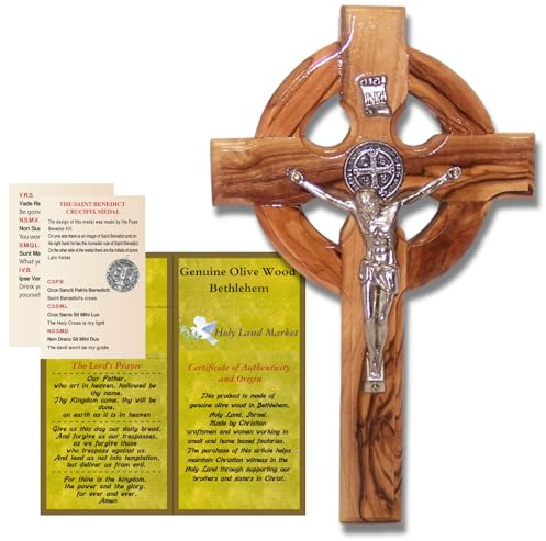 Holy Land Market Keltischer und heiliger Benedikt-Medaille, handgefertigtes Wandkreuz aus Holz (15,2 cm)