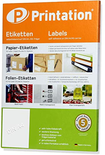 Printation Etiketten Selbstklebend 210 x 297 mm - 10 Blatt Klebepapier A4 Bedruckbar, Universaletiketten DIN A4, 1 Etikett pro Blatt, Matt, Blanko, Weiß, Klebeetiketten für Inkjet & Laser Drucker 1x1