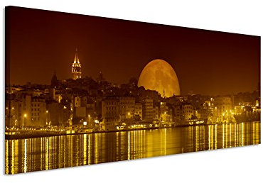 Sinus Art 150x50cm Wandbild – Panoramabild auf Leinwand Istanbul Galatat-Turm Brücke in der Nacht