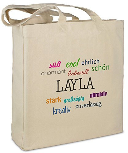 Stofftasche mit Namen Layla - Motiv Positive Eigenschaften - Farbe beige - Stoffbeutel, Jutebeutel, Einkaufstasche, Beutel