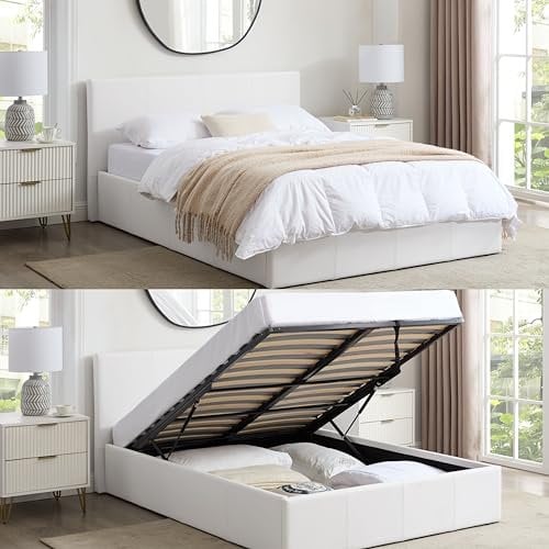 Direct Furniture Suppliers LUNA 4FT Small Double Faux Leather Ottoman Storage Bed Gas Lift Up (H: 88.5cm x W: 138cm x L: 203cm) and 20cm Thick Spring & Memory Foam Mattress (White)