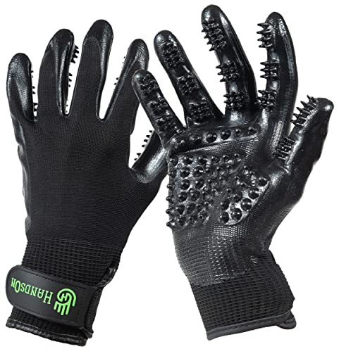 H HandsOn Pet Grooming Gloves - Patented #1 Ranked, Award Winning Shedding, Bathing, & Hair Remover Gloves - Gentle Brush for Cats, Dogs, and Horses (Black, Medium)