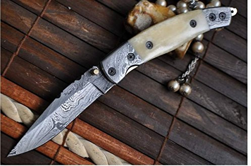 Perkin Taschenmesser - Die Hand von Damaskus, Damaszener Stahl, 8.89 cm Klinge, Knochengriff, Outdoor, Unisex, Wiederverwendbar