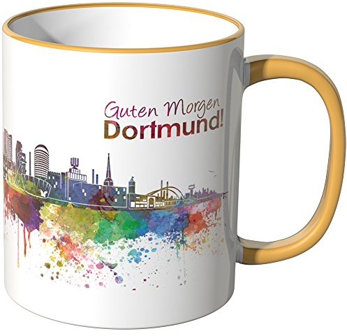 WANDKINGS® Tasse, Schriftzug Guten Morgen Dortmund! mit Skyline - DUNKELGELB