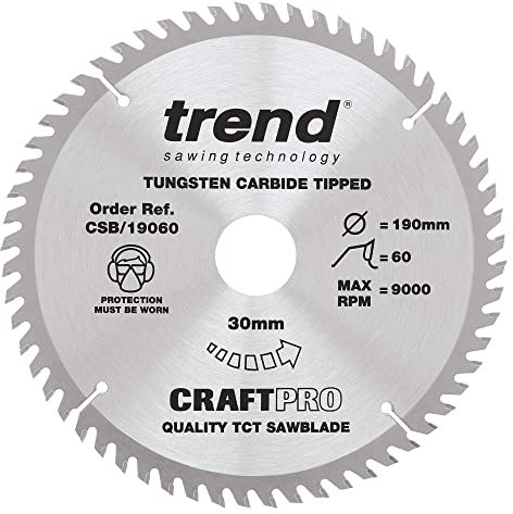 Trend Wood Circular Saw Blade, 190mm Diameter, 30mm Bore, 60 Teeth, 2.4mm Kerf, +5° Hook, TCT, Extra-Fine Finish, CSB/19060