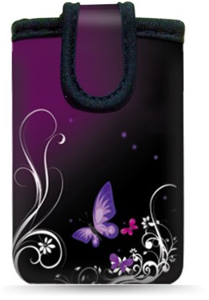 wortek Universal Designer Handy Smartphone Tasche aus Neopren für Diverse Smartphones bis zu 4,3 - Ranke Schmetterling Schwarz Lila