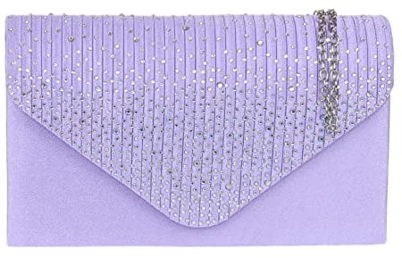 Girly Handbags Womens Pleated Satin Clutch Bag Diamante Shoulder Chain Elegant Prom Wedding Evening (Lilac)