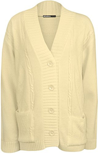 WearAll Plus Size Womens Button Long Sleeve Pocket Top Ladies Knitted Cardigan - Cream - 14-16