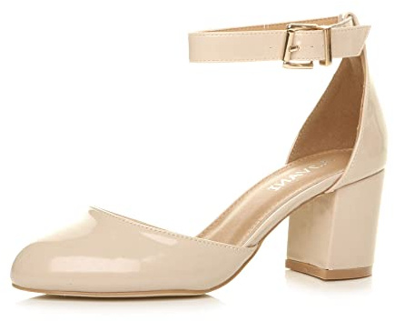 Ajvani Womens Ladies Low mid Block Heel Ankle Strap Court Shoes Sandals , Nude Patent, 6 UK