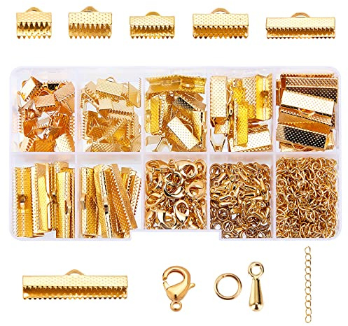 PH PandaHall Cirka 410 st smyckeslås-kit - 10 stilar av smyckestillbehör, bandklämma, karbinhake, hoppringar, förlängningskedja och droppformade berlocker, guld