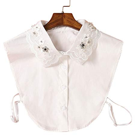 Shinesline Women's Vintage Half Shirt Collar with Diamond Bead, Detachable Blouse Collar Tie/White