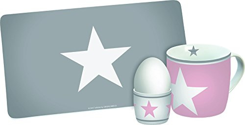 infinite by GEDA LABELS (INFKH) 13996 Kit Petit-déjeuner étoiles, 3 pièces, Coquetier, Mélamine, Rose/Gris, 23,5 x 9,5 x 14,5 cm