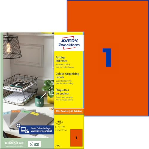 AVERY Zweckform 3470 Rote Etiketten (100 Aufkleber, 210x297mm auf A4, permanent haftend, selbstklebende Farbetiketten, Papier matt, bedruckbare, farbige Klebeetiketten) 100 Blatt