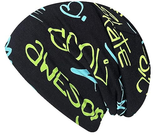 Wollhuhn ÖKO Long-Beanie, Wende-Mütze, ganzjährig, mit COOL Music schwarz/blau/grün, Innenseite Uni grau, für Mädchen und Jungen, 20150820, Gr S: KU 48/50 (ca 1-3 Jahre)