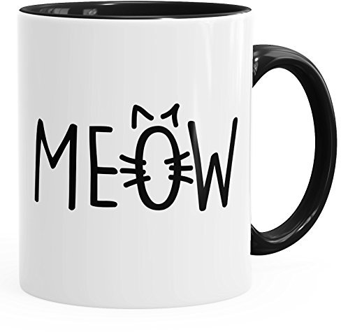 MoonWorks Kaffee-Tasse Katze Meow MIAU Cat Teetasse mit Innenfarbe und farbigem Henkel schwarz Unisize