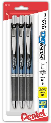Pentel® EnerGel® Deluxe RTX Druckstifte, Nadelspitze, 0,5 mm, sortierte Schäfte, schwarze Tinte, 3 Stück