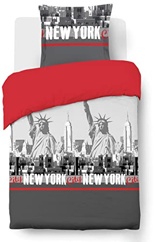 Vision - Bettwäsche New York, Rot – Bettbezug 140 x 200 cm mit 1 Kissenbezug 65 x 65 cm – 100% Baumwolle