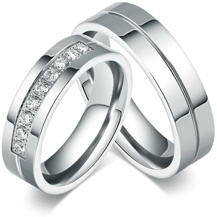 Bishilin Partnerringe für Sie und Ihn, Edelstahl Ringe Set 6MM Hochglanzpoliert mit Zirkonia Hochzeit Ringe Paar Personalisiert Damen Gr.49 (15.6) & Herren Gr.57 (18.1)