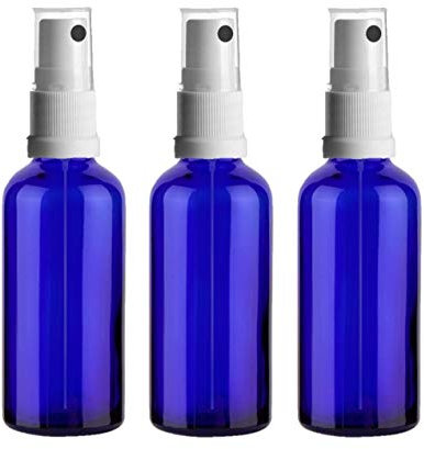 Avalon 100ml Blue Glass Bottles with White Atomiser Spray ~ Pack of 3 ~ Refillable, Reusable, and Travel Sized ~ Perfect for Aromatherapy, Perfumes, Essential Oils, Aftershaves, and More