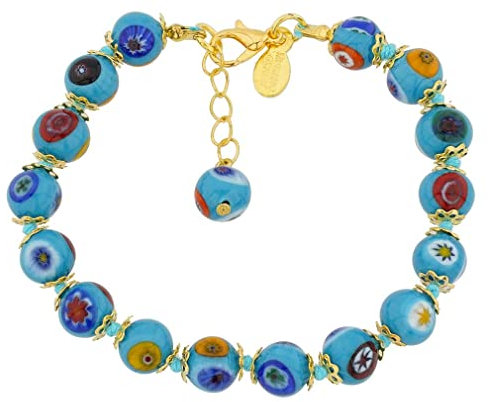 Glass Of Venice Pulsera de Cristal de Murano Cuentas Millefiori Azul Agua Italiana Vidrio soplado Hecho a Mano - Pulseras de Cristal de Murano para Mujer