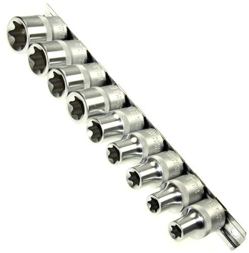 ALKAN 9-tlg. Steckschlüssel-Einsätze E10–E24 – 1/2-Antrieb für Außentorx-Schrauben (E-Profil) – Größen: E10, E11, E12, E14, E16, E18, E20, E22, E24 – aus Chrom-Vanadium-Stahl