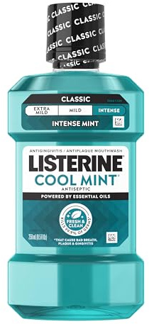 Listerine Cool Mint Intense Antiseptic Mouthwash, Daily Oral Rinse Kills 99.9% of Germs That Cause Bad Breath, Plaque and Gingivitis. for a Fresh, Clean Mouth, Intense Mint Flavor, 250 mL/ 8.5 Fl.Oz.