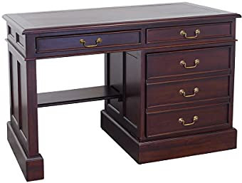 Antike Fundgrube Kleiner Computertisch aus Massivholz mit braunem Leder | Schreibtisch Computer-Schreibtisch Büromöbel | dunklen Nussbaum-Farbton | B: 120 cm (4539)