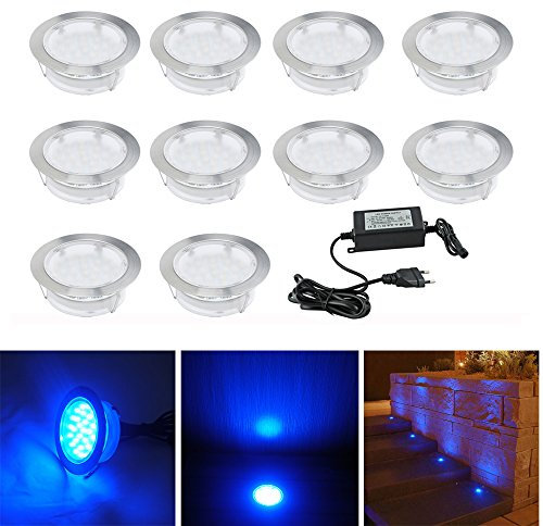 CHNXU 10er LED Bodeneinbaustrahler Set, Treppen Einbaustrahler Ø80mm Blau IP67 Wasserdicht 2.5W Außen Lampe Boden Einbauleuchten für Küche Garten Treppen Balkon Terrasse
