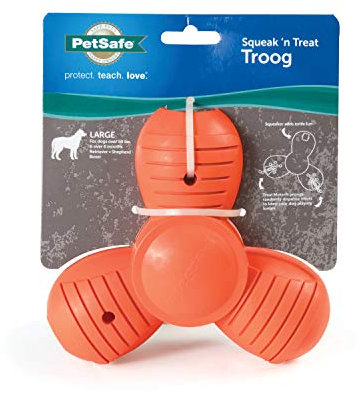 PetSafe Squeak ‘n Treat Troog Hundekauspielzeug, Snackspender mit Quietschgeräuschen und drei Kammern, Größe L, Orange