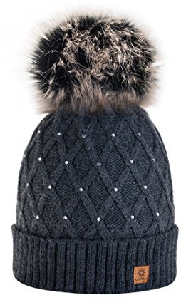 morefaz Wurm Winter Strickmütze Mütze Damen Kristalle Kiesel mit Große Bomme Pompon l SKI (Dark Gray) (MFAZ Ltd)