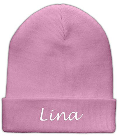 printplanet Beanie-Mütze mit Namen Lina Bestickt - Farbe Rosa - personalisierte Mütze, Strickmütze, Namensstickerei