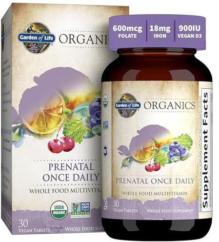 Garden of Life Organics Prenatal Vitamin: Folate for Energy & Healthy Fetal Development, Non-constipating Iron, Vitamin C, B6, B12, D3 – Organic, Non-GMO, Gluten-Free, Vegan, 30 Day Supply