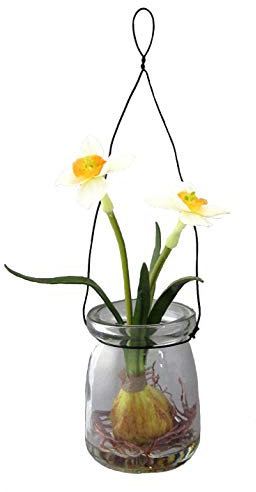 Kunstblumen Narzisse im HÄNGEGLAS. Ca 15 cm. Nazissen im RUNDEN Glas in WEISS-GELB-34