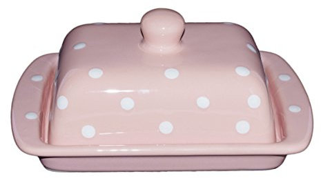 UNGARNIKAT Butterdose Keramik 250g – Landhaus Vintage Design – rosa mit handbemalten weißen Punkten – Butterglocke / Butterschale mit Deckel & Griff – spülmaschinenfest & langlebig