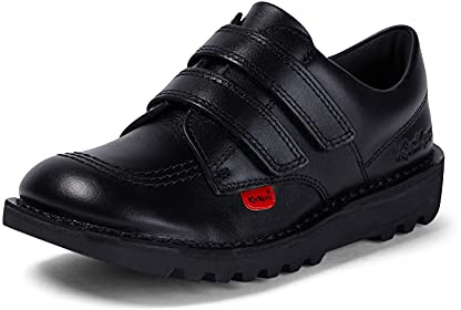 Kickers Unisex Kids Kick Lo Vel Twin Strap Black Leather School Uniform Shoes | Smart Everyday School Look | Hook & Loop Fastening, Cushioned for All-Day Wear, Black, 1 UK Child