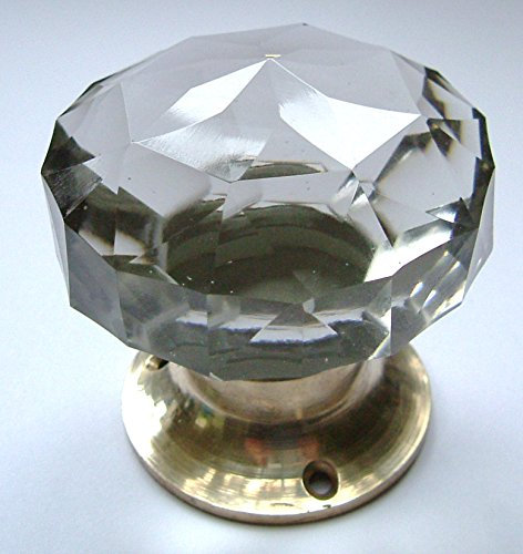 Glass Door knobs, Large Clear Crystal Cut multifaceted Brass Base (Single)