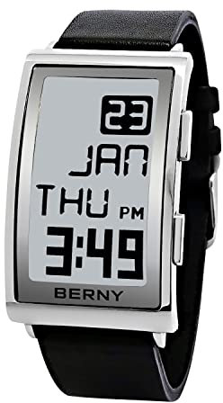 BERNY Herren Digital Sportuhr E-Ink Display Mode LED E-Paper Uhr Gebogenes Zifferblatt Lederband Uhren mit Zwei Zeitzonen Wasserdicht Armbanduhren