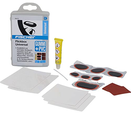 FISCHER Flickbox Universal, geeignet für Artikel aus Weich-PVC und Kunstleder, 16-teilig, für Fahrradtour, Urlaub und andere Aktivitäten