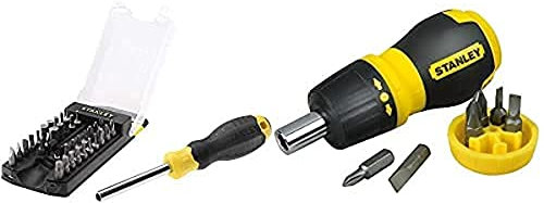 Stanley STHT0-70885 Tournevis porte-embouts - 34 embouts inclus & 0-66-358 Tournevis Porte-Embouts a cliquet bimatiere + 6 Embouts - tête magnétique - réservoir de stockage dans le manche