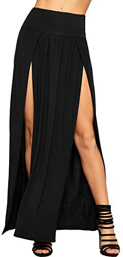 WearAll Womens Double Split Maxi Long Skirt Ladies Plain Basic Two Side Slit - Black - 8-10