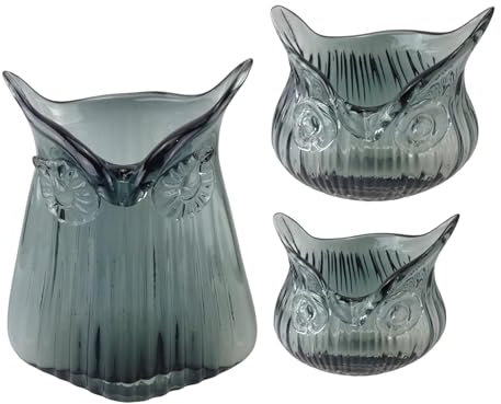 3er Set Dekovase Eule Glasvase Vintage Vase Glas Retro Tischvasche (Grau)